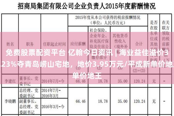 免费股票配资平台 亿翰今日资讯 | 海业益佳溢价37.23%夺青岛崂山宅地，地价3.95万元/平成新单价地王